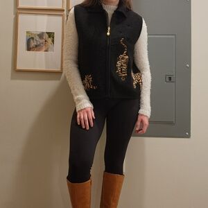 Vintage Wool Vest with Tiger/Cat Embroidery